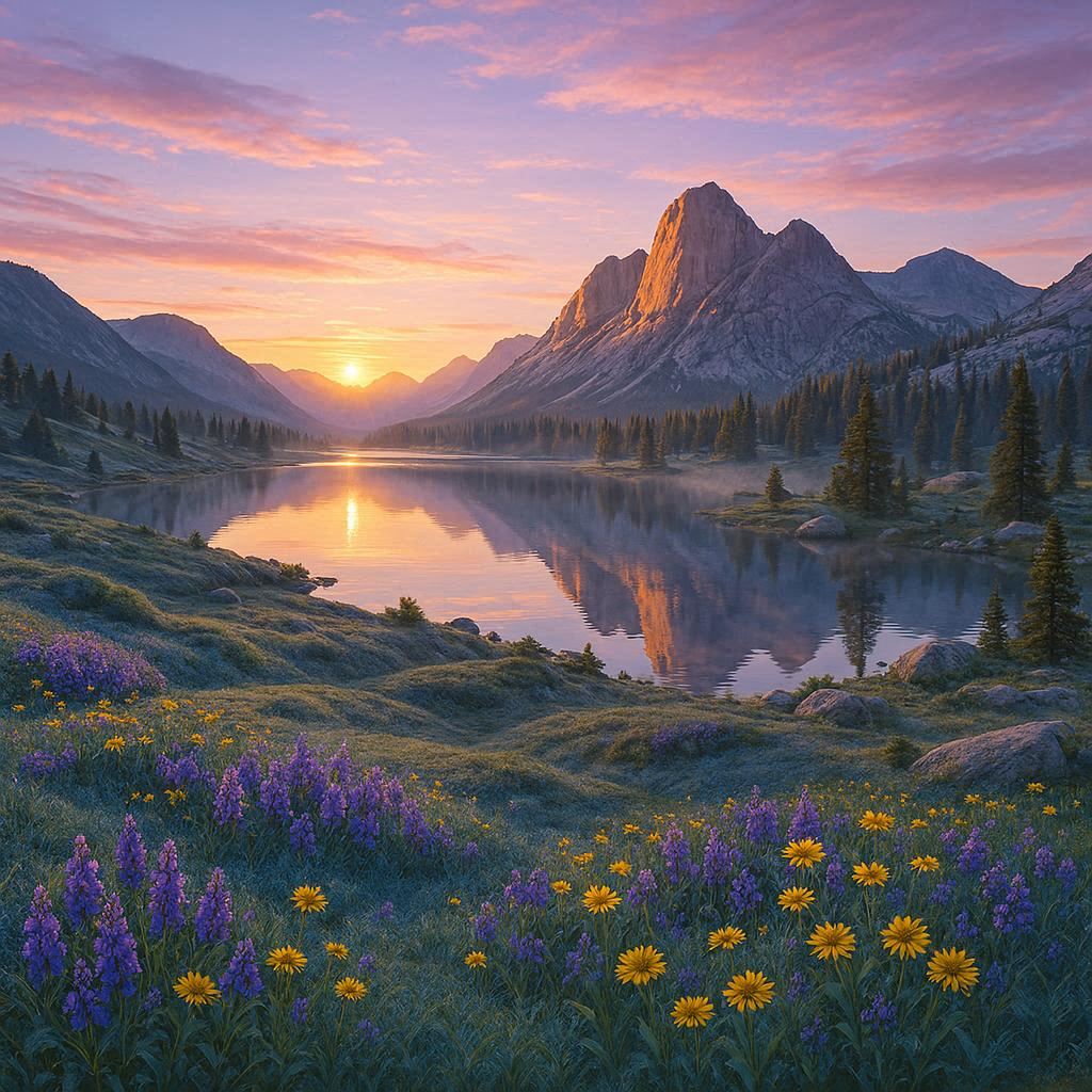 A sweeping sunrise vista unfolds across rolling sapphire‑tinted valleys blanketed in soft morning dew, where clusters of alpine wildflowers shimmer with fresh color. A crystal‑clear lake rests at the center, perfectly reflecting the pastel sky as towering granite peaks glow with the first touch of sunlight. Wisps of mist drift lazily above the water’s surface, weaving between scattered evergreens and weathered boulders along the shoreline. The atmosphere feels calm and expansive, with delicate strokes of lavender and peach clouds stretching across the awakening horizon.